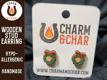 Christmas Wreath Wood Stud Earrings - Christmas Fashion Earring - Stud Earring - Charm and Char